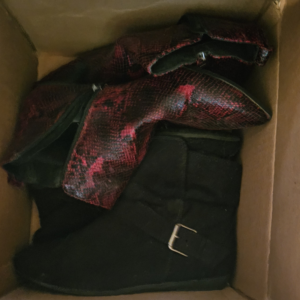 Black Seude Boots And Red Snakeskin Pattern Boots